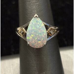 Sterling Silver 14k Simulated Opal & Diamond Ring Sz 7 925